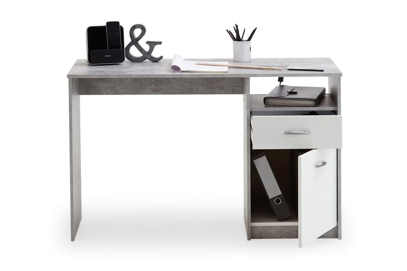 Jackson Skrivbord 123 cm med Förvaring Låda + Skåp + Hylla - Betonggrå/Vit - Skrivbord