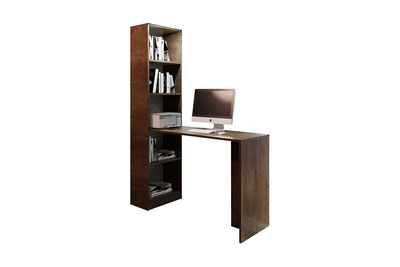 Kylien Skrivbord 125 cm LED-belysning Förvaring Bokhylla Vit, Mörk Ask