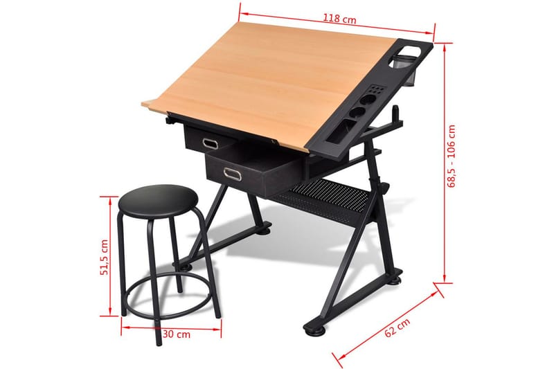 Vinklingsbart ritbord med 2 lådor och 1 pall - Brun - Möbler - Bord & matgrupper - Kontorsbord - Ritbord