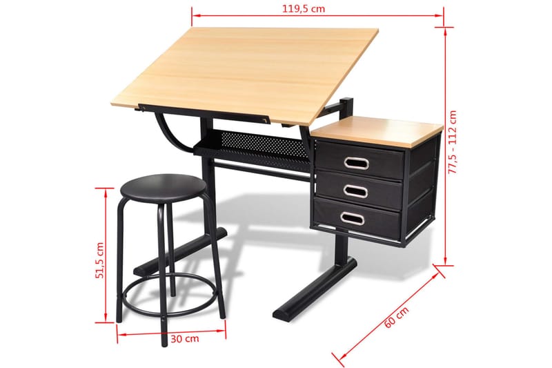 Vinklingsbart ritbord med 3 lådor och 1 pall - Brun - Möbler - Bord & matgrupper - Kontorsbord - Ritbord