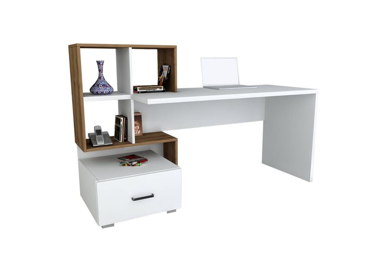 Bloomis Skrivbord 152 cm med Förvaring Låda+Hyllor - Vit/Valnötsbrun - Skrivbord