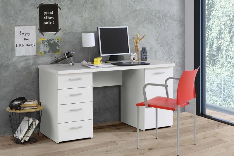 Bowlee Skrivbord 145 cm med Förvaring Skåp + 4 Lådor + Hylla - Vit - Möbler - Bord & matgrupper - Kontorsbord - Skrivbord