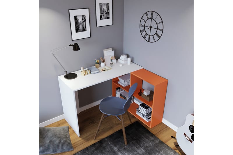 Cabeci Skrivbord 120 cm med Förvaring Hyllor - Vit/Orange - Skrivbord
