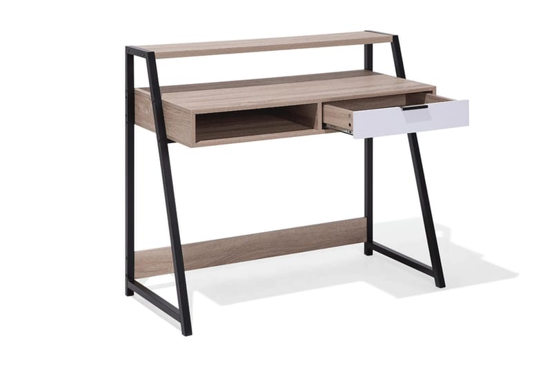 Calceta Skrivbord 100 cm med Förvaring Låda + Hylla - Ljusbrun/Vit/Svart - Skrivbord