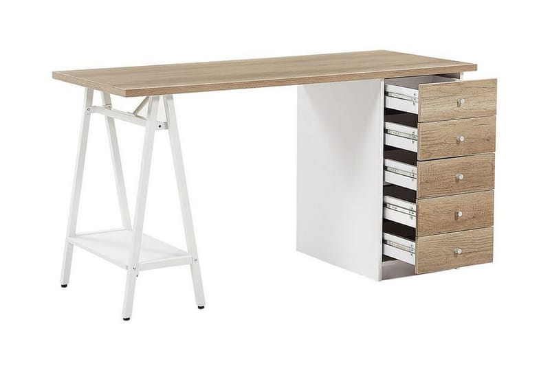 Dawber Skrivbord 140 cm med Förvaring 5 Lådor + Hylla - Ljusbrun - Skrivbord