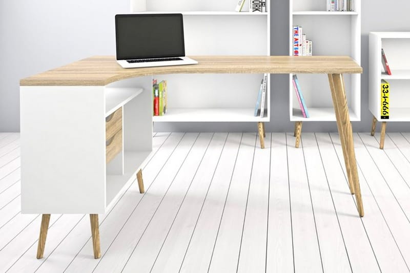 Delta Skrivbord 145 cm med Förvaring Lådor + Hyllor - Vit/Natur - Möbler - Bord & matgrupper - Kontorsbord - Skrivbord