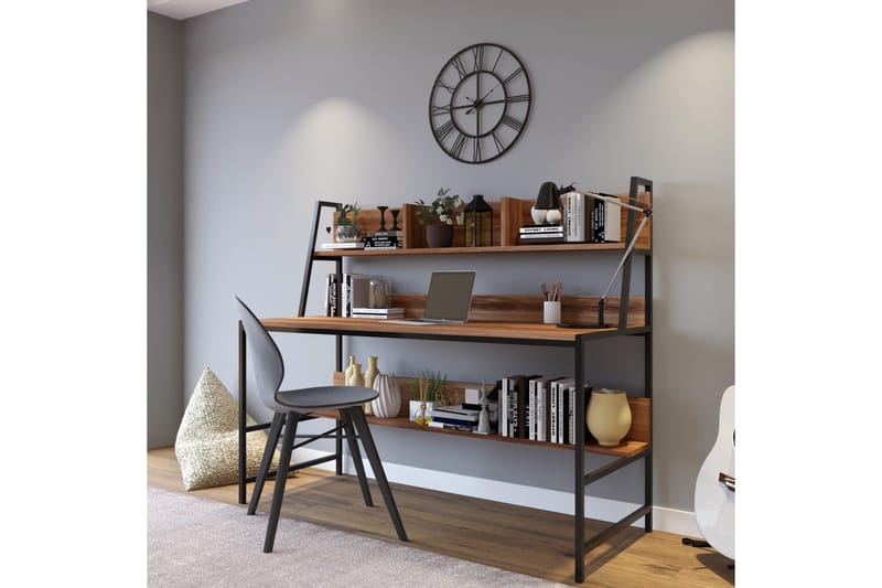 Faydali Skrivbord 140 cm med Förvaring Hyllor, Mörkbrun/Svart
