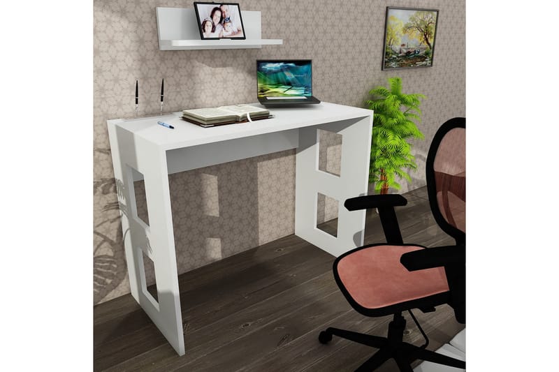 Furny Home Skrivbord 90 cm med Förvaring Vägghylla - Vit - Skrivbord