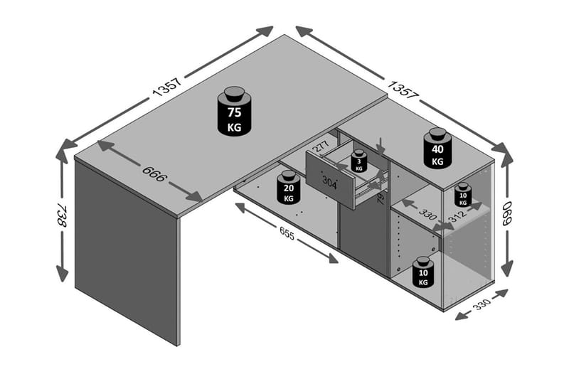 Lexo Hörnskrivbord 136 cm med Justerbar Hylla - Betong - Möbler - Bord & matgrupper - Kontorsbord - Skrivbord - Hörnskrivbord