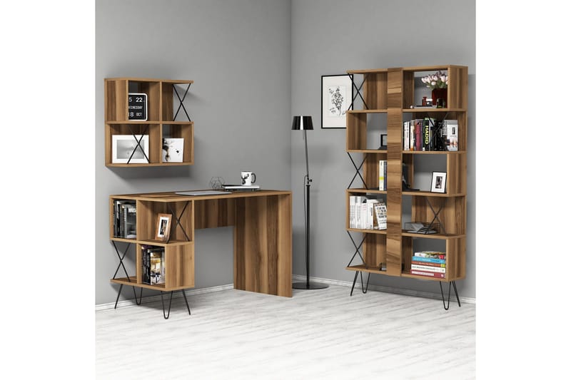 Hovdane Skrivbord 120 cm med Förvaring + 2 Bokhyllor - Brun/Svart/Ek - Möbler - Bord & matgrupper - Kontorsbord - Skrivbord