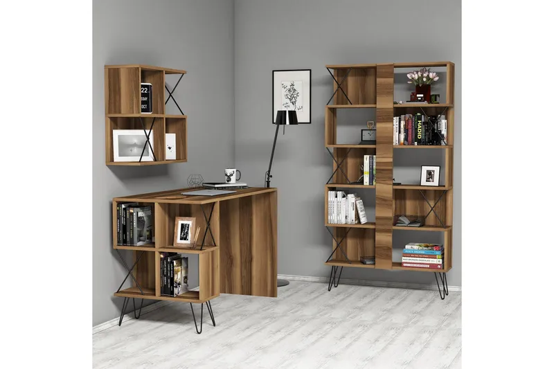 Hovdane Skrivbord 120 cm med Förvaring + 2 Bokhyllor - Brun/Svart/Ek - Möbler - Bord & matgrupper - Kontorsbord - Skrivbord