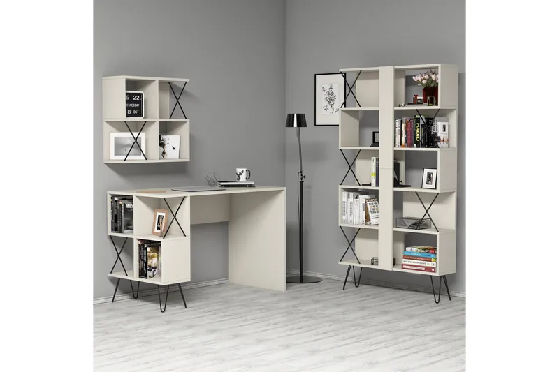 Hovdane Skrivbord 120 cm med Förvaring + 2 Bokhyllor - Krämvit/Svart - Möbler - Bord & matgrupper - Kontorsbord - Skrivbord