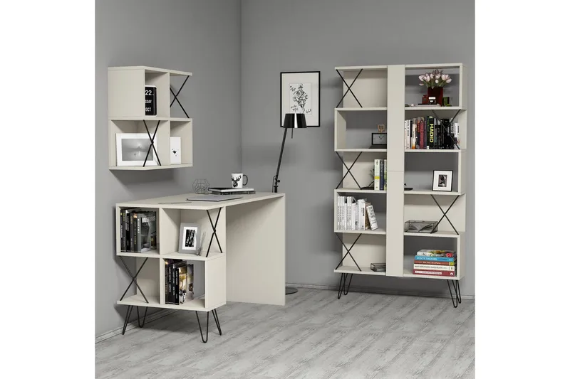 Hovdane Skrivbord 120 cm med Förvaring + 2 Bokhyllor - Krämvit/Svart - Möbler - Bord & matgrupper - Kontorsbord - Skrivbord