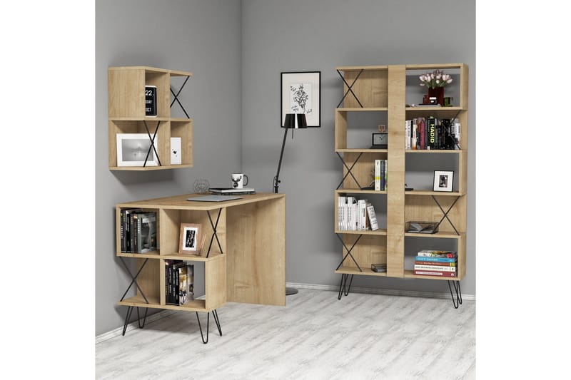 Hovdane Skrivbord 120 cm med Förvaring + 2 Bokhyllor - Ljusbrun/Svart - Möbler - Bord & matgrupper - Kontorsbord - Skrivbord