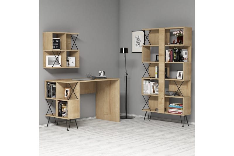Hovdane Skrivbord 120 cm med Förvaring + 2 Bokhyllor - Ljusbrun/Svart - Möbler - Bord & matgrupper - Kontorsbord - Skrivbord
