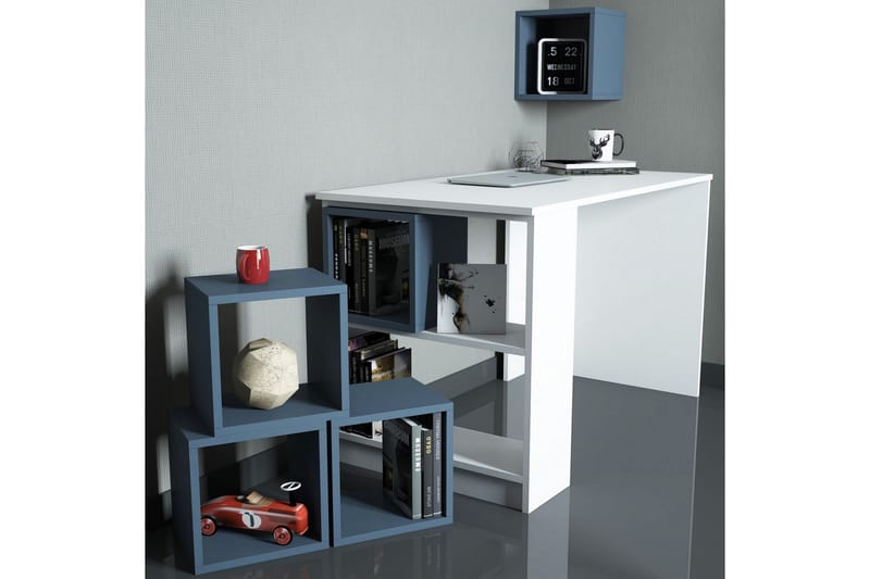 Hovdane Skrivbord 120 cm med Förvaring + Vägghylla + - Vit/Blå - Skrivbord