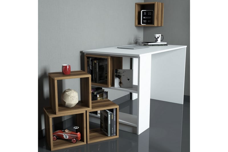 Hovdane Skrivbord 120 cm med Förvaring + Vägghylla + - Vit/Brun - Skrivbord