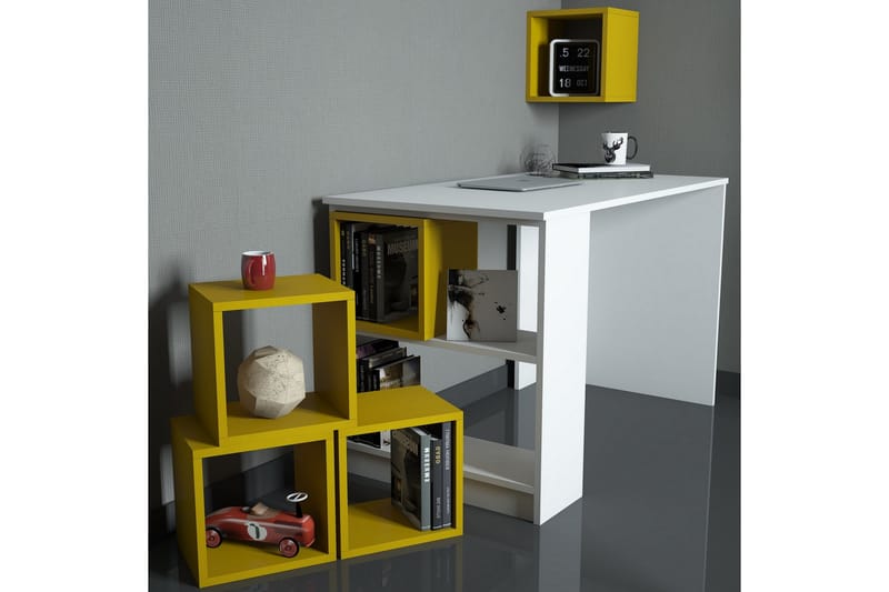 Hovdane Skrivbord 120 cm med Förvaring + Vägghylla + - Vit/Gul - Skrivbord