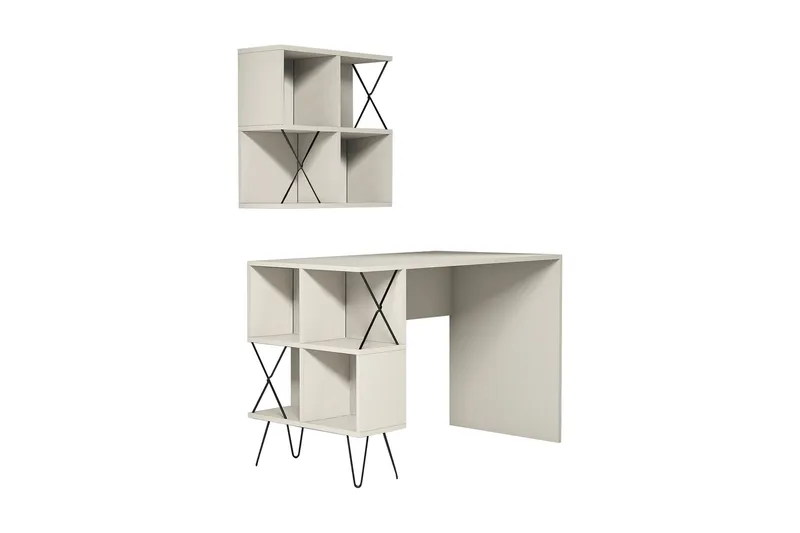 Hovdane Skrivbord 120 cm med Förvaring Hylla + Bokhylla Lite, Krämvit/Svart