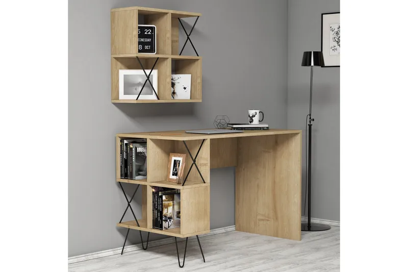 Hovdane Skrivbord 120 cm med Förvaring Hylla + Bokhylla Lite, Ljusbrun