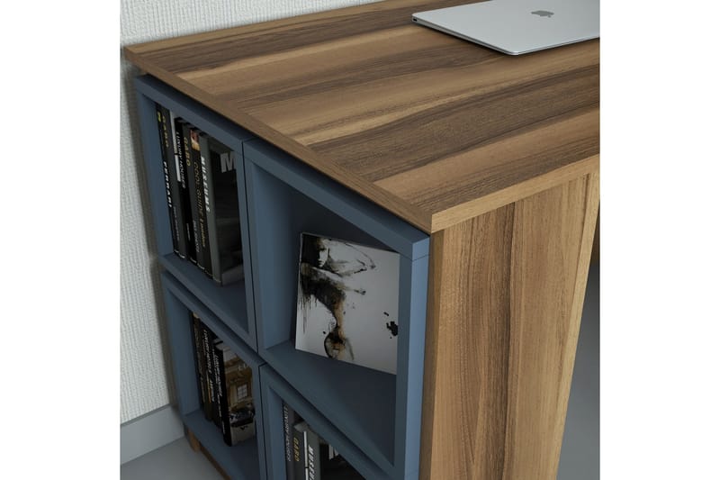 Hovdane Skrivbord 120 cm med Förvaring Hylla + Vägghylla - Brun/Blå - Skrivbord