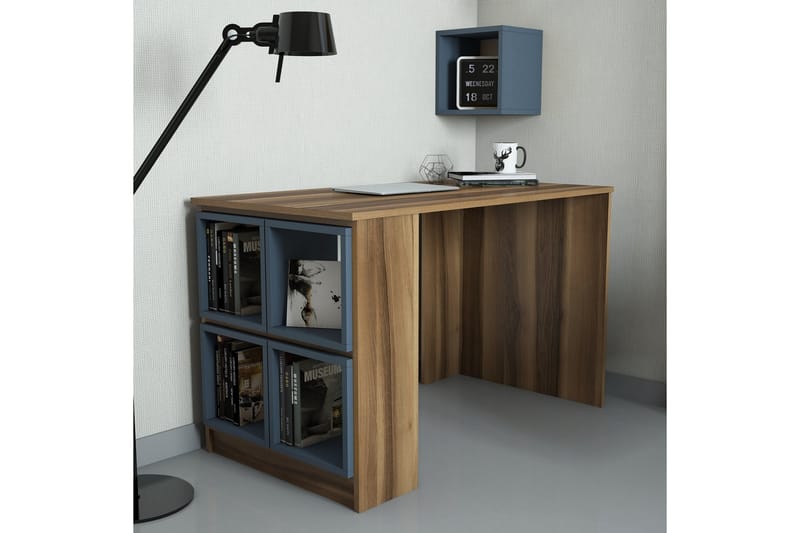 Hovdane Skrivbord 120 cm med Förvaring Hylla + Vägghylla - Brun/Blå - Skrivbord