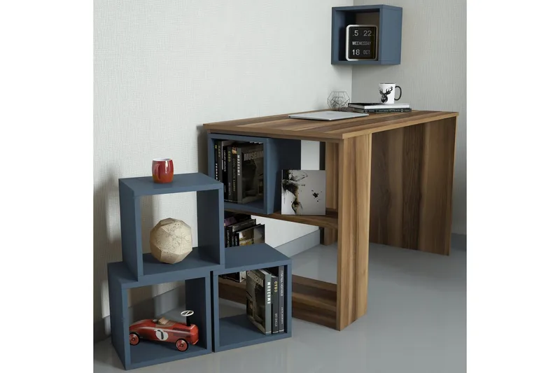 Hovdane Skrivbord 120 cm med Förvaring Hylla + Vägghylla - Brun/Blå - Möbler - Bord & matgrupper - Kontorsbord - Skrivbord