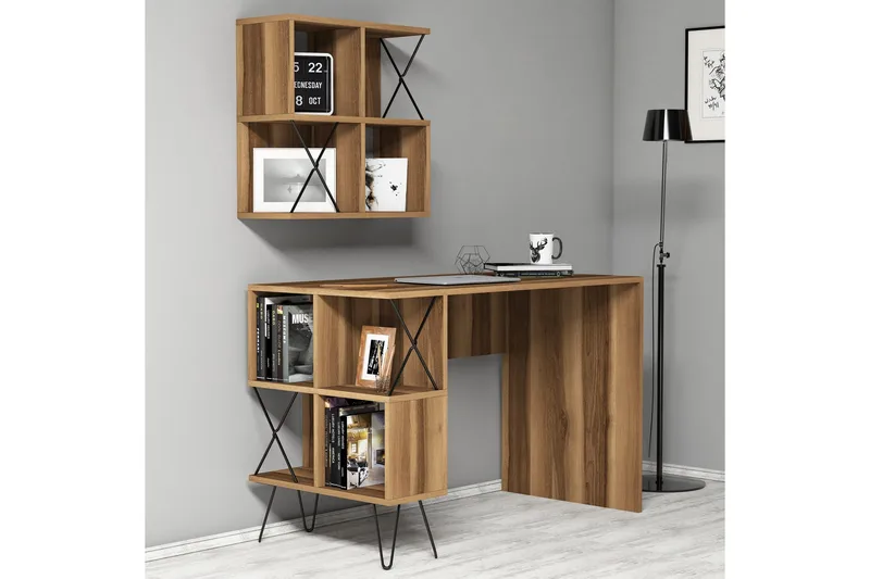 Hovdane Skrivbord 120 cm med Förvaring Hylla + Bokhylla Lite, Brun/Svart