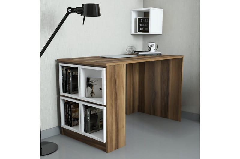 Hovdane Skrivbord 120 med Förvaring Hylla + Vägghylla, Brun/Vit/Ek