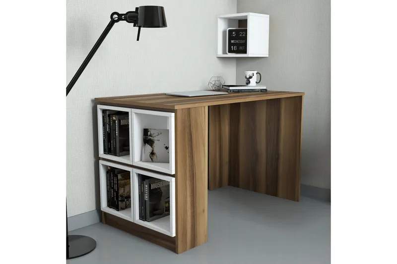 Hovdane Skrivbord 120 med Förvaring Hylla + Vägghylla, Brun/Vit/Ek