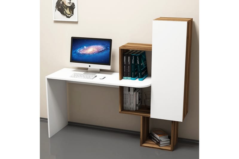 Hovdane Skrivbord 145 cm med Förvaring Hyllor + Skåp - Brun/Vit - Skrivbord