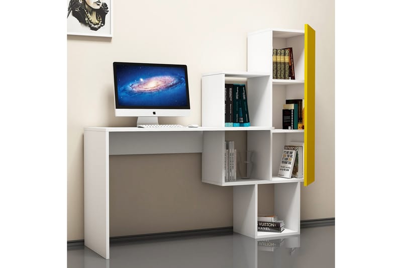 Hovdane Skrivbord 145 cm med Förvaring Hyllor + Skåp - Vit/Gul - Skrivbord