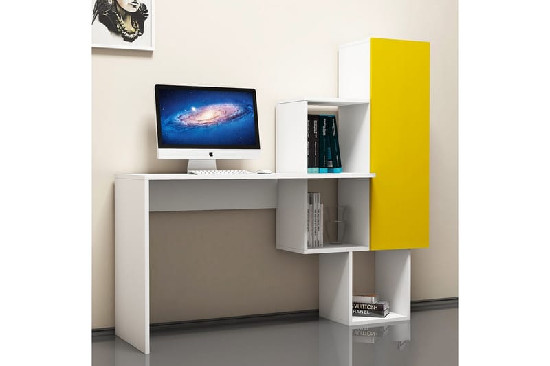 Hovdane Skrivbord 145 cm med Förvaring Hyllor + Skåp - Vit/Gul - Möbler - Bord & matgrupper - Kontorsbord - Skrivbord