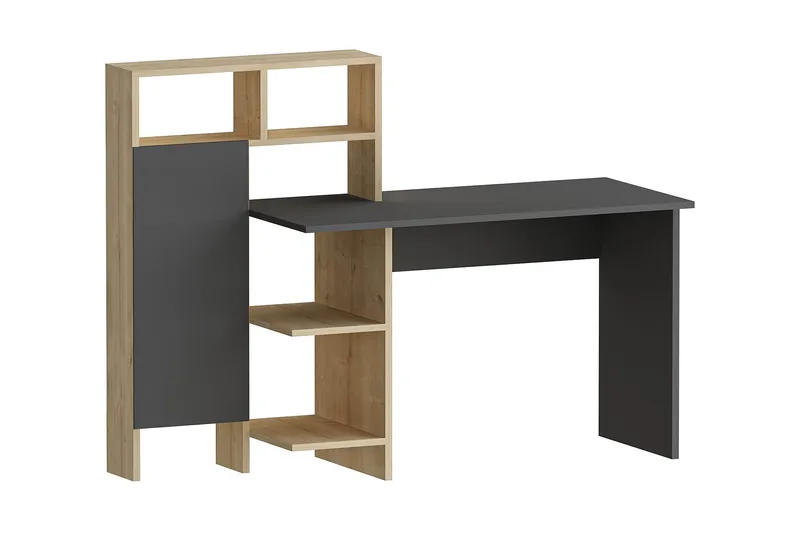 Irbene Skrivbord 135 cm med Förvaring Hyllor + Sk åp, Antracit/Natur