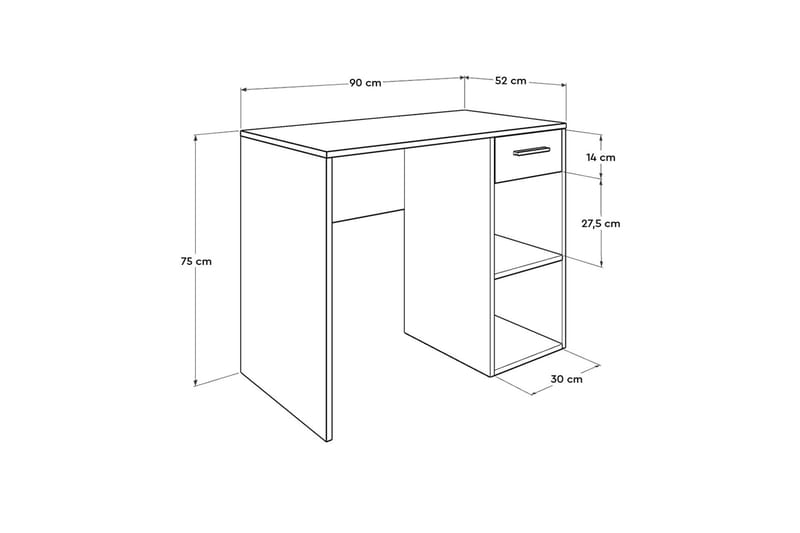 Irbene Skrivbord 90 cm med Förvaring Låda + 2 Hyllor - Vit - Skrivbord