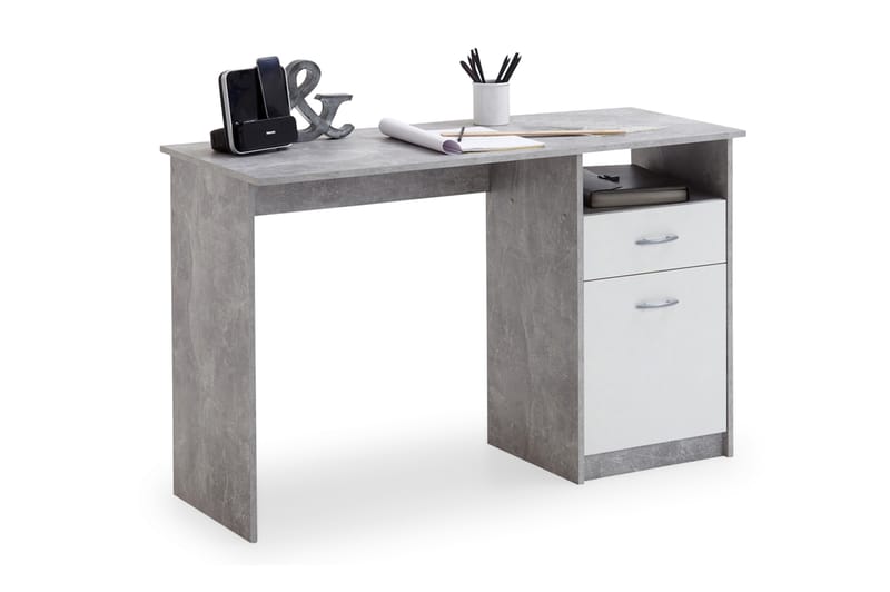 Jackson Skrivbord 123 cm med Förvaring Låda + Skåp + Hylla - Betonggrå/Vit - Skrivbord