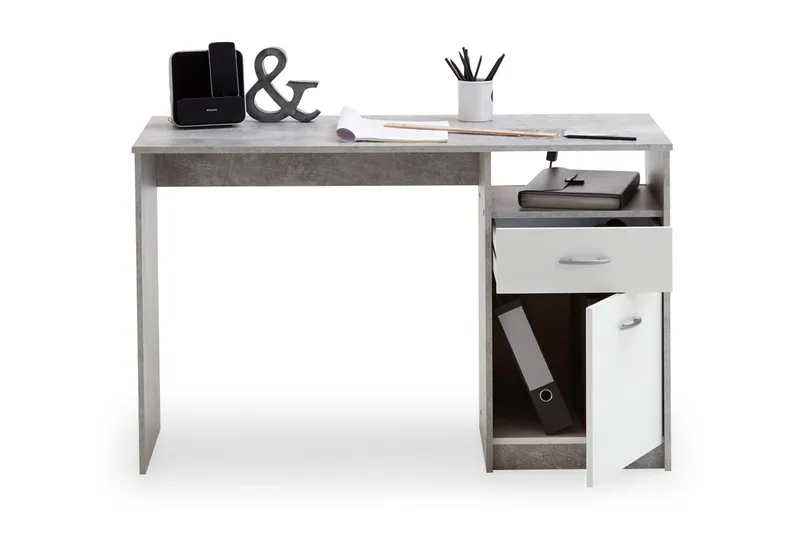 Jackson Skrivbord 123 cm med Förvaring Låda + Skåp + Hylla, Betonggrå/Vit