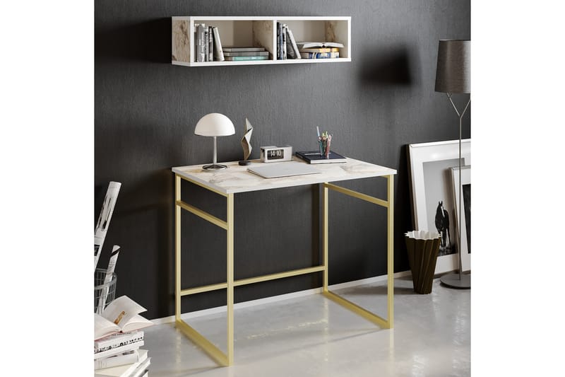 Klingbo Skrivbord 90 cm med Förvaring Vägghylla Marmormönste - Guld - Skrivbord
