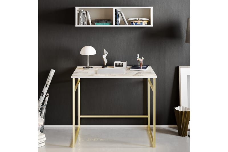 Klingbo Skrivbord 90 cm med Förvaring Vägghylla Marmormönste - Guld - Skrivbord