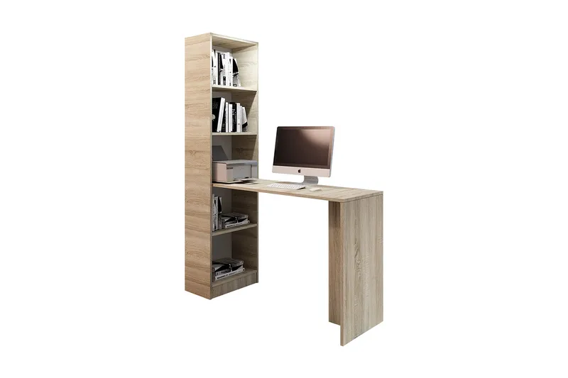 Kylien Skrivbord 125 cm LED-belysning Förvaring Bokhylla Vit - Ekfärg - Möbler - Bord & matgrupper - Kontorsbord - Skrivbord