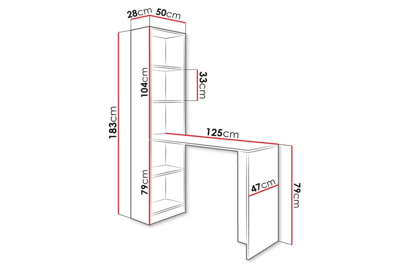 Kylien Skrivbord 125 cm LED-belysning Förvaring Bokhylla Vit - Mörk Ask - Skrivbord