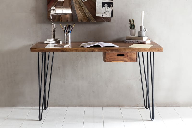 Langner Skrivbord 130 cm med Förvaring Låda - Massivt Trä/Svart - Skrivbord