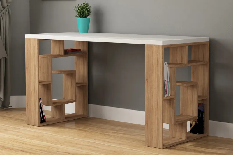 Mazell Skrivbord 140 cm med Förvaring Hyllor - Vit/Brun - Möbler - Bord & matgrupper - Kontorsbord - Skrivbord