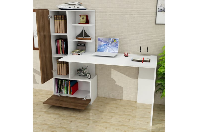 Merinoz Skrivbord 120 cm med Förvaring Hyllor + Låda + Skåp - Vit/Valnötsbrun - Skrivbord