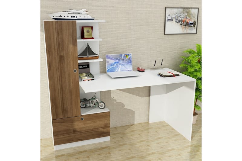Merinoz Skrivbord 120 cm med Förvaring Hyllor + Låda + Skåp - Vit/Valnötsbrun - Skrivbord