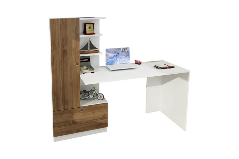 Merinoz Skrivbord 120 cm med Förvaring Hyllor + Låda + Skåp - Vit/Valnötsbrun - Möbler - Bord & matgrupper - Kontorsbord - Skrivbord