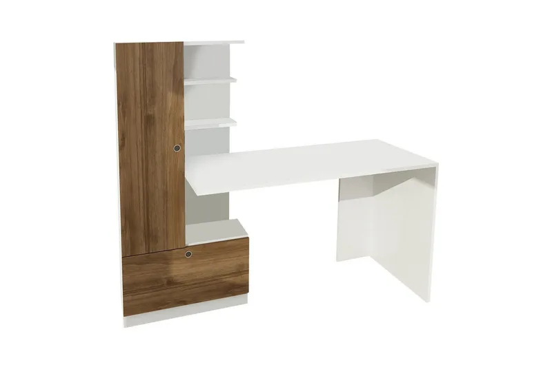 Merinoz Skrivbord 120 cm med Förvaring Hyllor + Låda + Skåp, Vit/Valnötsbrun
