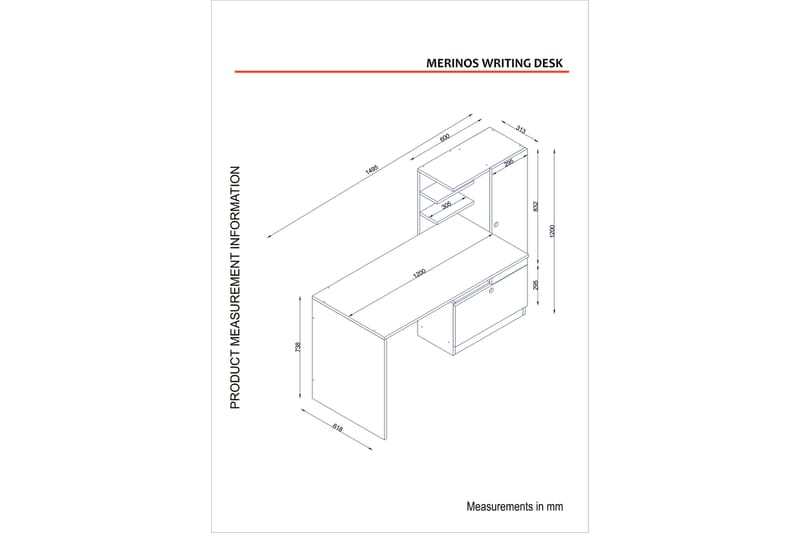 Merinoz Skrivbord 150 cm med Förvaring Hyllor + Låda + Skåp - Vit - Skrivbord