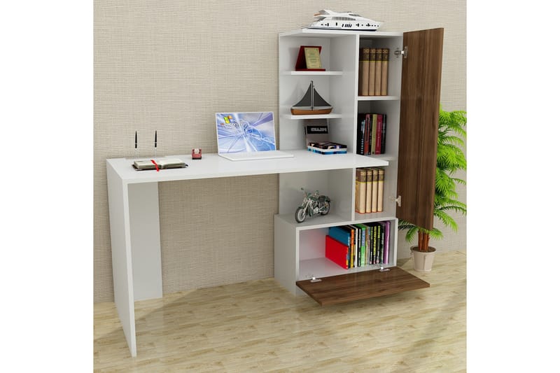 Merinoz Skrivbord 150 cm med Förvaring Hyllor + Låda + Skåp - Vit/Valnötsbrun - Skrivbord