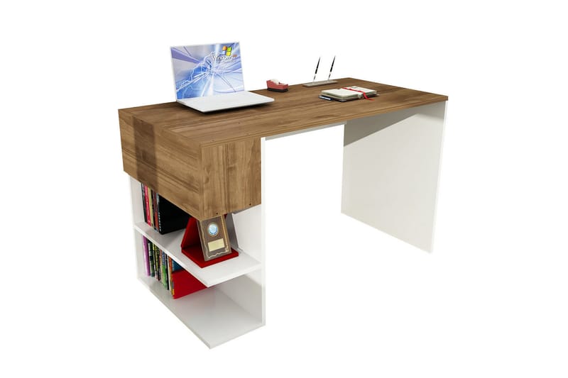Merinoz Skrivbord 21 cm med Förvaring Hyllor+Lucka - Vit/Valnötsbrun - Skrivbord